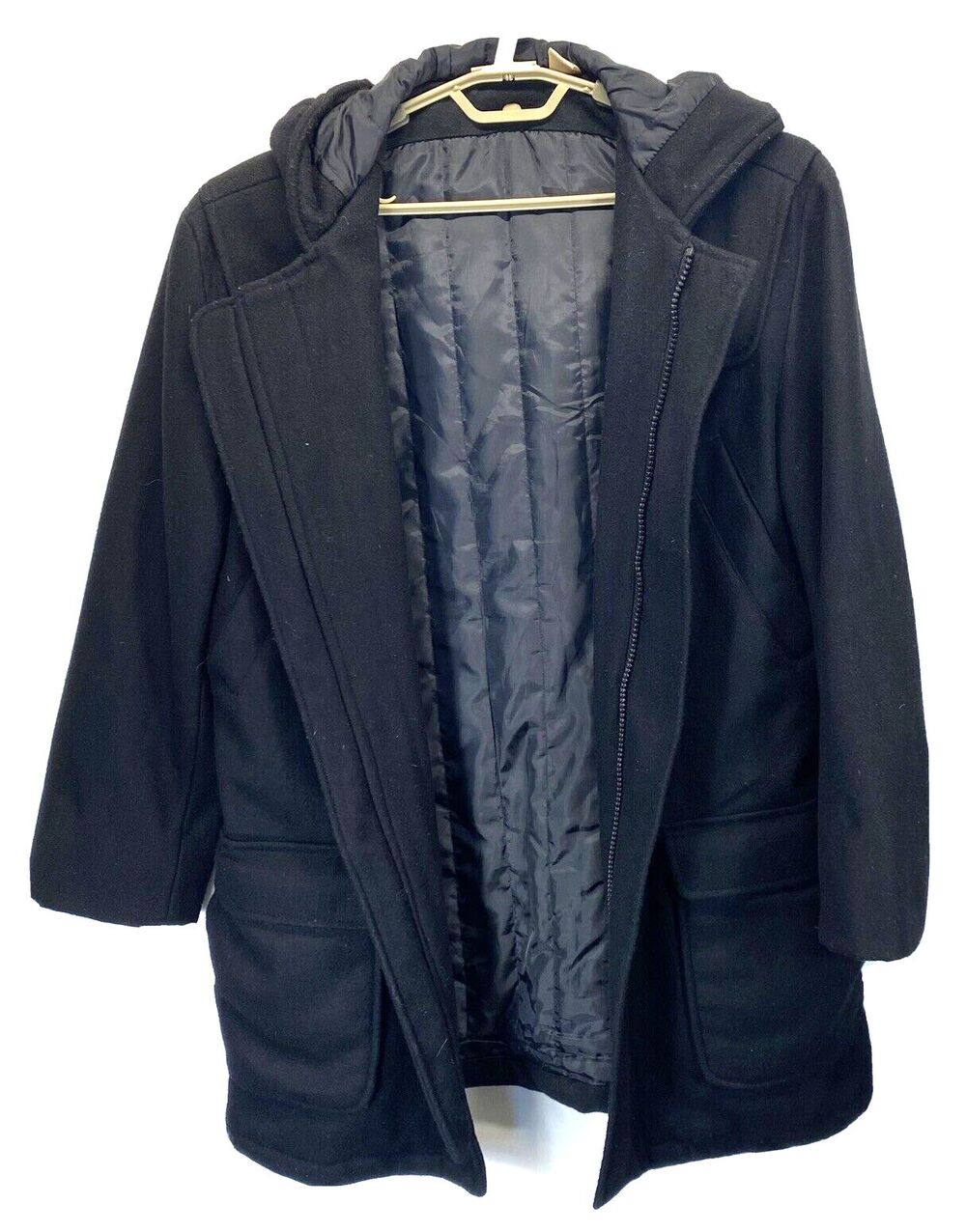 DKNY Women's Size Medium Black Zip/Plastic Toggle Button Wool Blend Hooded Coat*